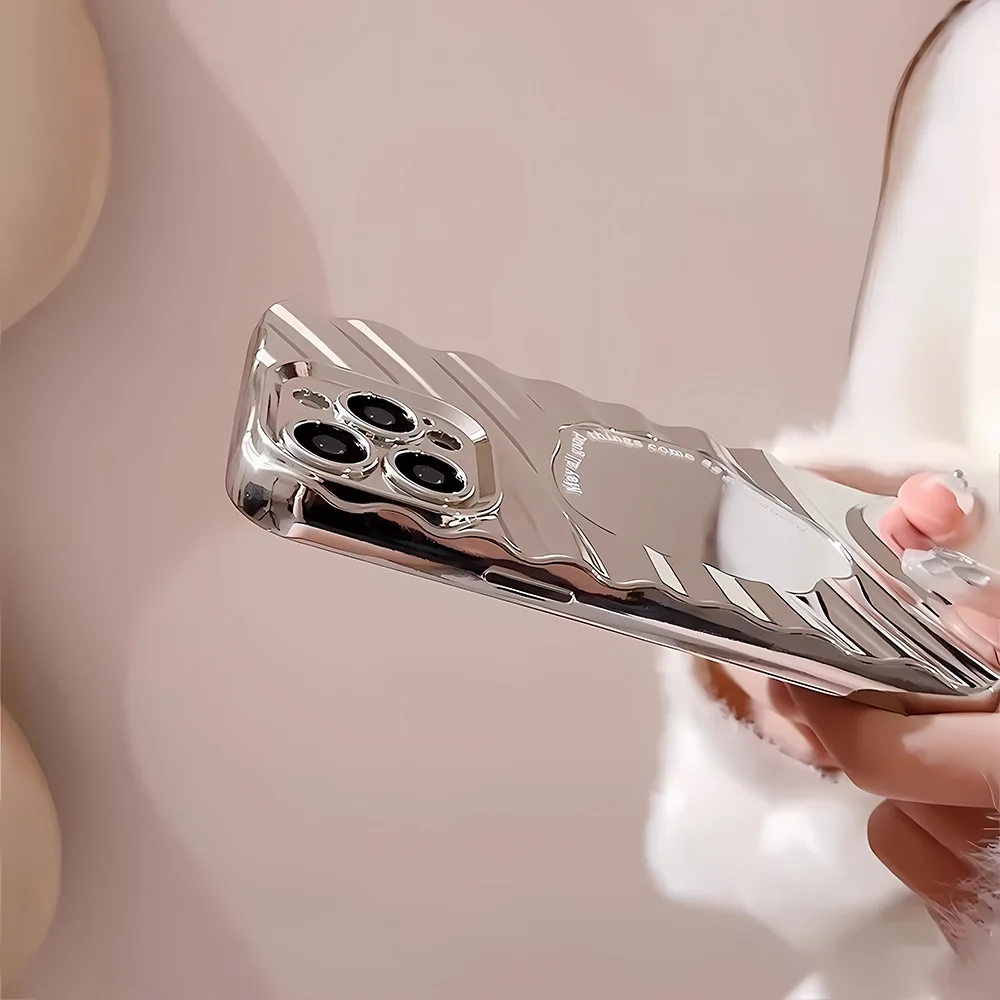 Pink Bowknot Silver Mirror Phone Case For iPhone 17 Pro Case iPhone 13 14 12 11 15 16 Pro Max Wave Glossy Cover With Lanyard