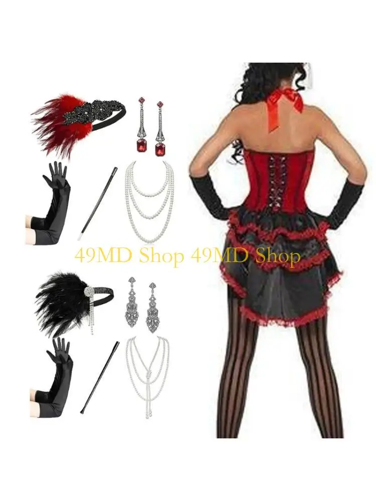 49MD 1920s Flapper  Party Costume Accessories for Women Vintage Rhinestones Headpiece Tassels Earring Makeup Party Wear