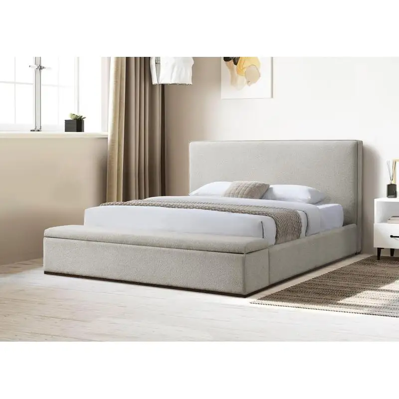 Queen Bed with Storage in Beige Linen - Stylish and Functional Design