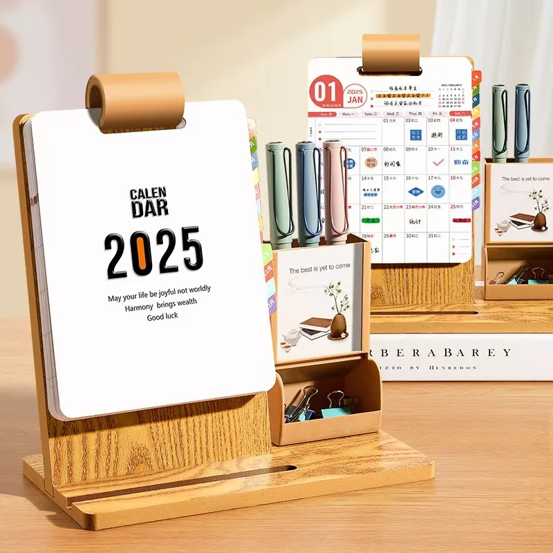 2025 Calendar New Creative Desktop Decoration Wooden Multi Functional Calendar With Pen Holder Work Check In Monthly Calendar