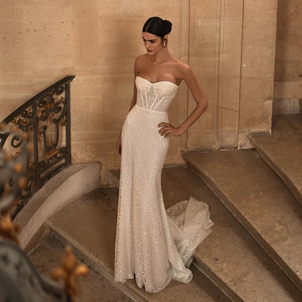 تخصيص بسيط حمالة حورية البحر فستان الزفاف لامعة الترتر الديكور الساتان انفصال قطار مطوي فستان زفاف Vestido De Novia