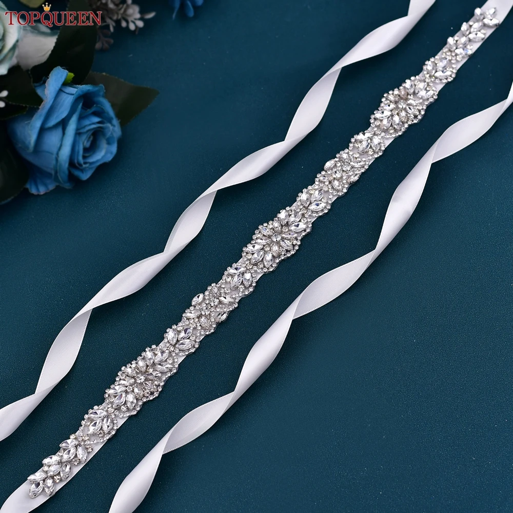 TOPQUEE-Cinturón de lujo para novia, cinturón de satén de lujo con diamantes de imitación, accesorios de boda, cinturón brillante S75