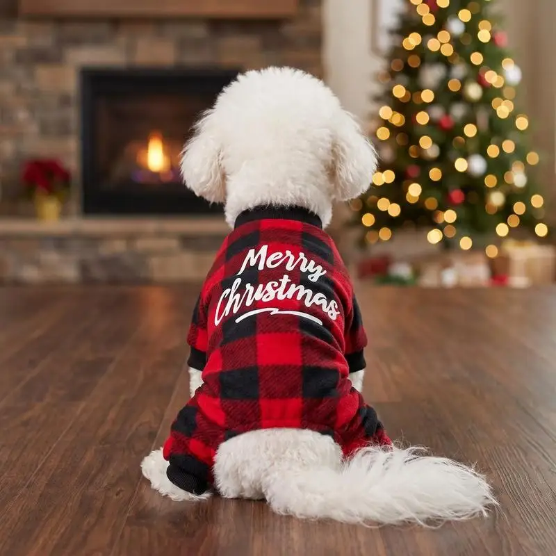 1 pet Christmas checkered printed four legged coat suitable for cats, dogs, Christmas holiday gift decoration and matching