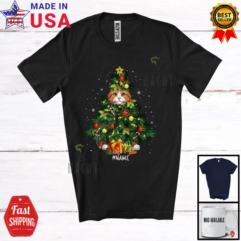 

Custom Name Munchkin Cat Christmas Tree Cosplay; Joyful Family Snowing T-Shirt