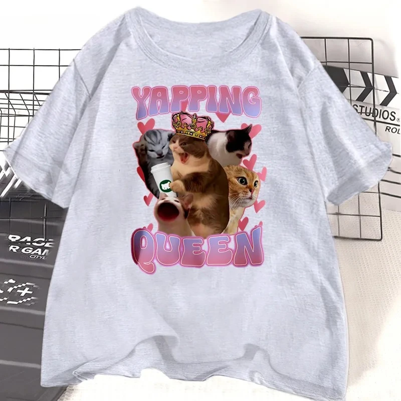 Yapping Queen Engraçado Gato Meme Camiseta Gatos Irônicos Camiseta Gatos Bonitos Impressão Camiseta Presente para Yapper Namorada Mulheres Roupas