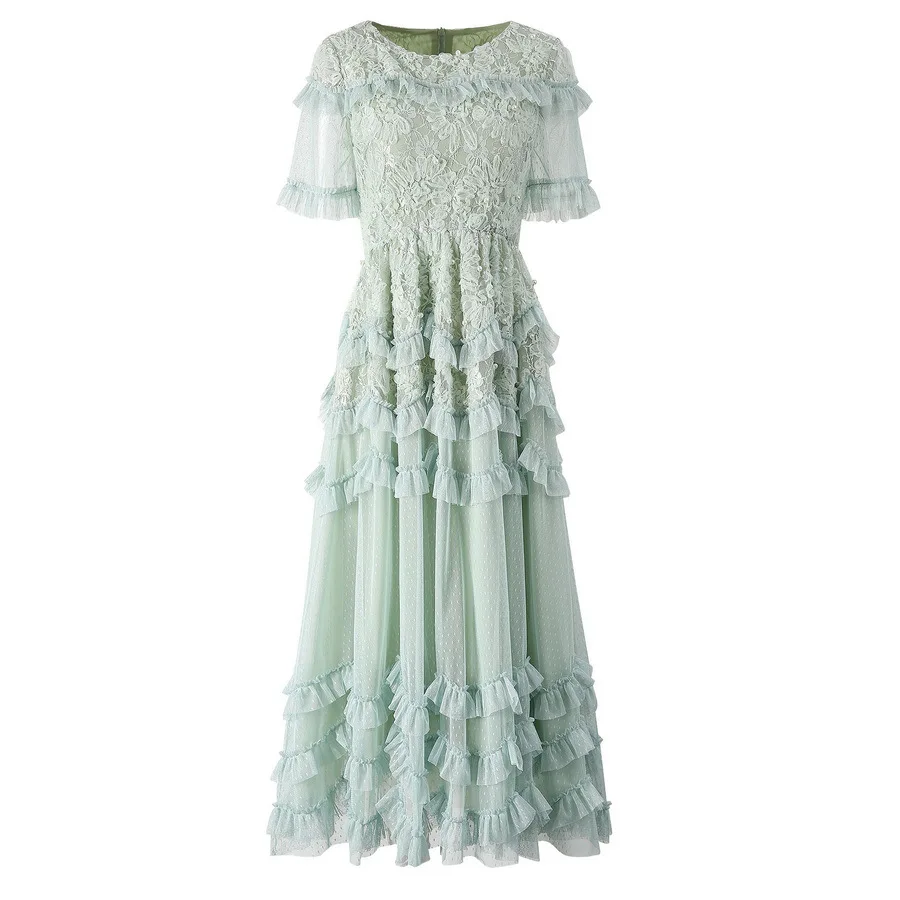 Zjyt feminino luxo plissado em camadas longo maxi malha vestido elegante pérolas verdes vestido de festa à noite para ocasiões especiais verão 2025