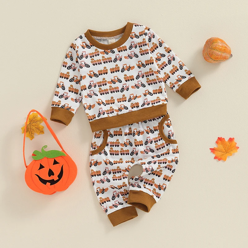 Toddler Boys Halloween Outfits Pumpkin Trailer Print Long Sleeve Sweatshirts and Long Pants 2Pcs Fall Set