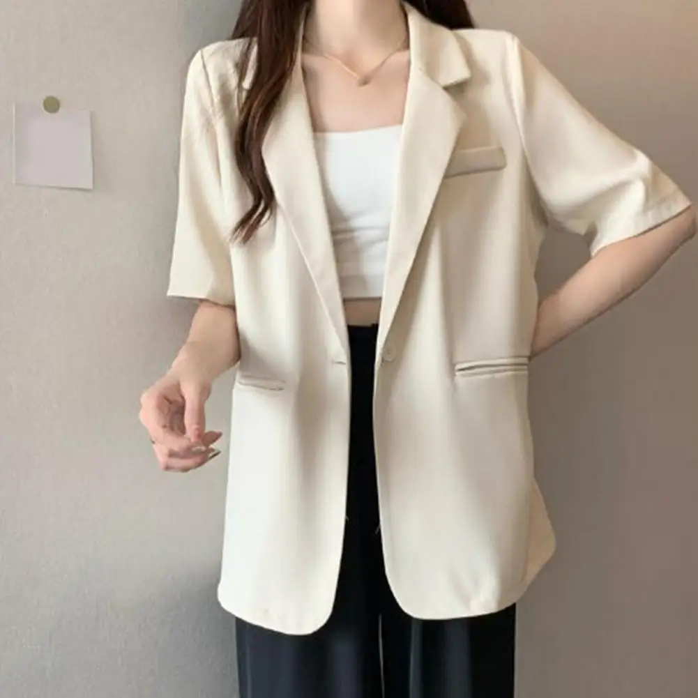 One Button Closure Suit Jacket Versatile Women's Short-sleeved Suit Coat Solid Color Button Closure Casual Work for Business