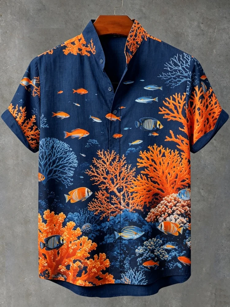 Camisa de Manga Corta para Hombre, Cuello Alto, Estampado de Peces y Corales, Estilo Casual, para Vacaciones de Verano