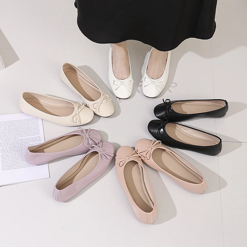 

New Shoes Women Elegant Bowknot Ballet Flats Classic Shoe Round Toe Comfort Slip-On Ladies Fashion Loafers Leather Mules Shoes
