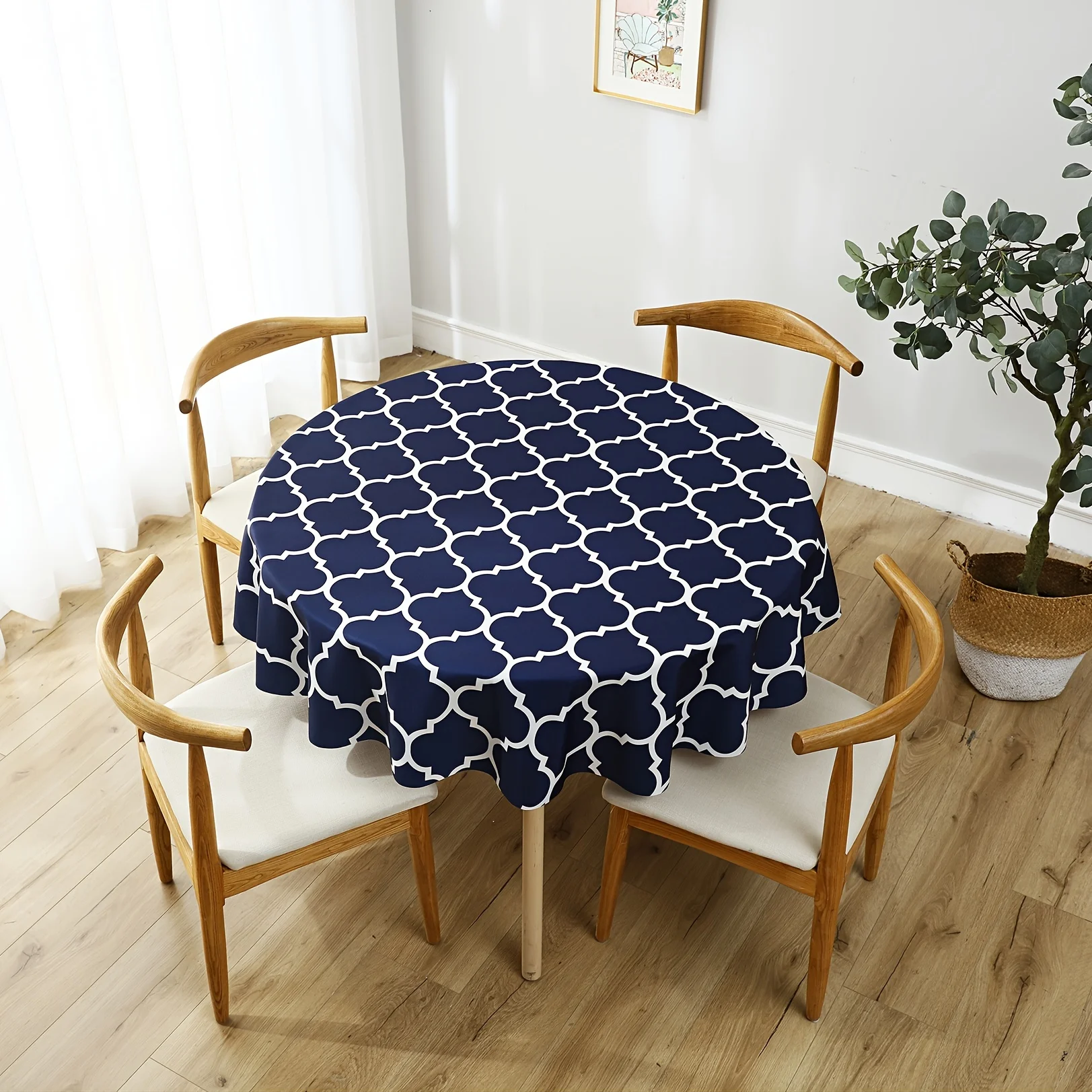 1pc Moroccan Pattern Polyester Tablecloth, Waterproof Anti-Scald Oil-Proof Wash-Free Table Cloth, Dining Table Decor, Navy Blue