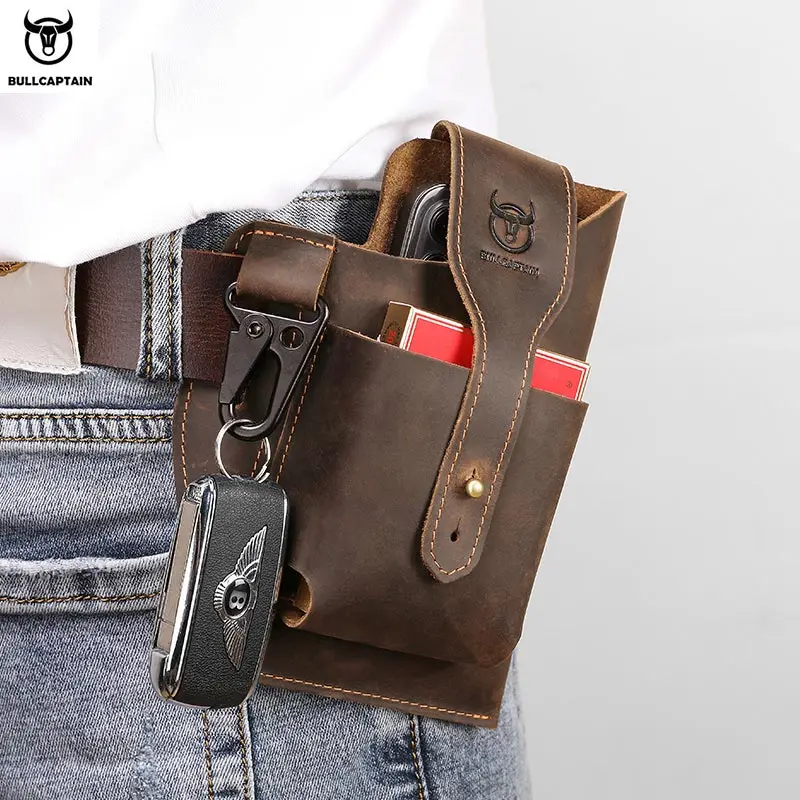 BULLCAPTAIN 2023 New Men\'s Leather Waist Bag Can Be Used For 5.5-6.8-Inch Mobile Phone Carrying Cigarette Case Outdoor Bag