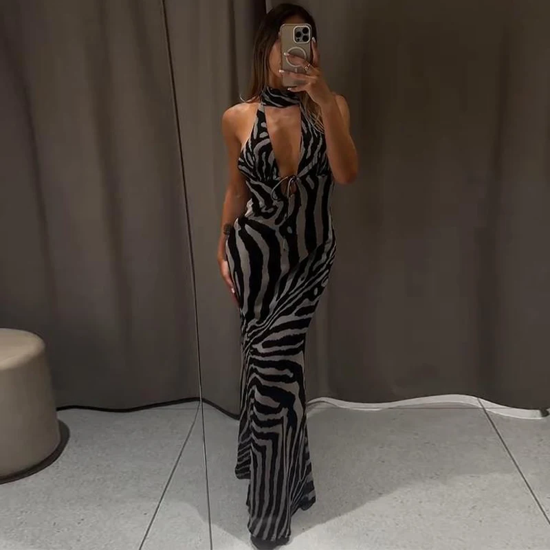 Zebra-Bedrucktes Neckholder-Maxikleid für Damen, Sexy, Ärmellos, Rückenfrei, Tailliert, Hüftbetont, Schlankes Abendkleid, Elegante Damenroben – Detail 17