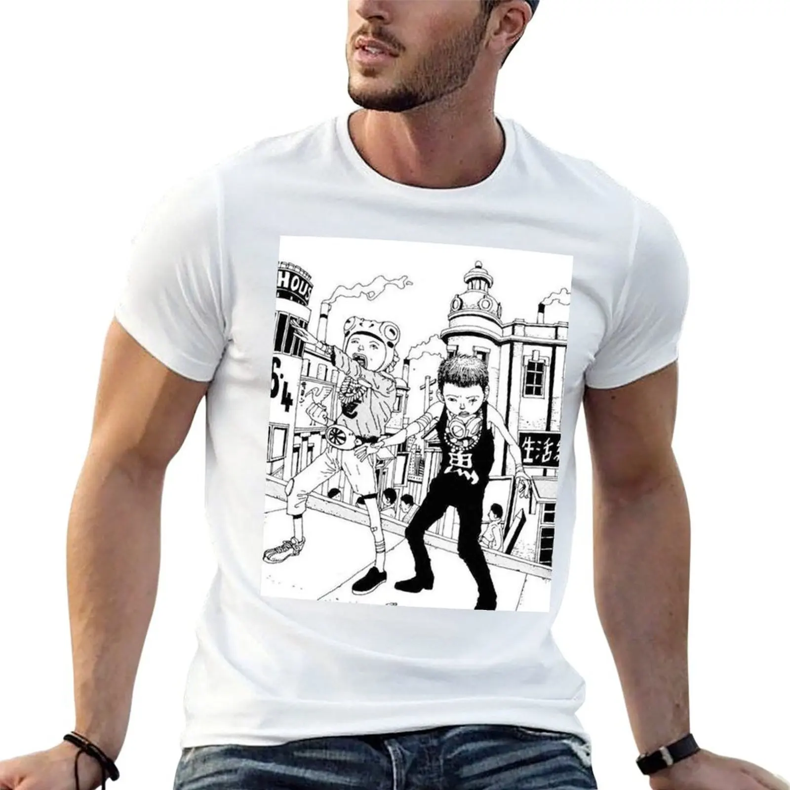 Tekkonkinkreet - Camiseta con estampado de gato, rata, perro y ciudad, camiseta de manga corta para trabajo al aire libre