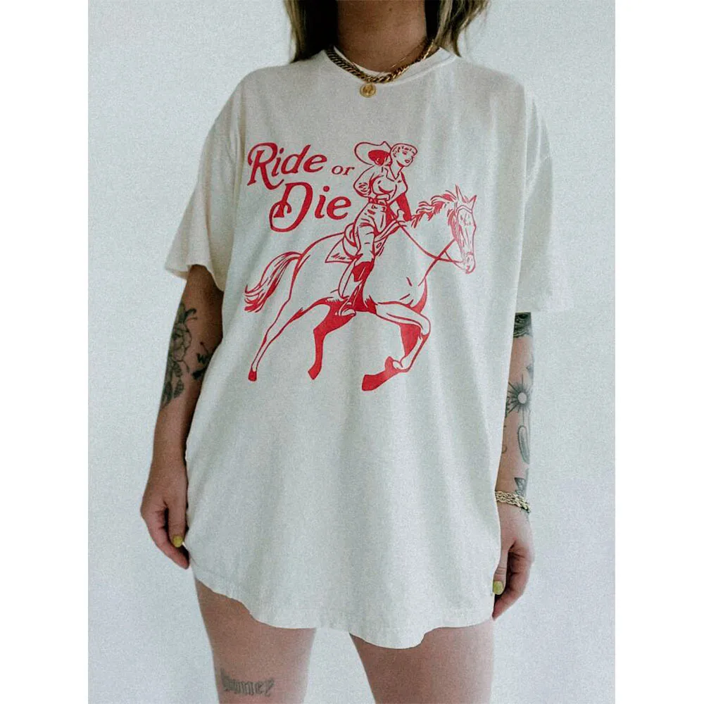 Ride or Die Printing Cowgirl Graphic Tees Summer Short Sleeve Thick Cotton Oversized White Shirts High Quality Feminist T Shirts