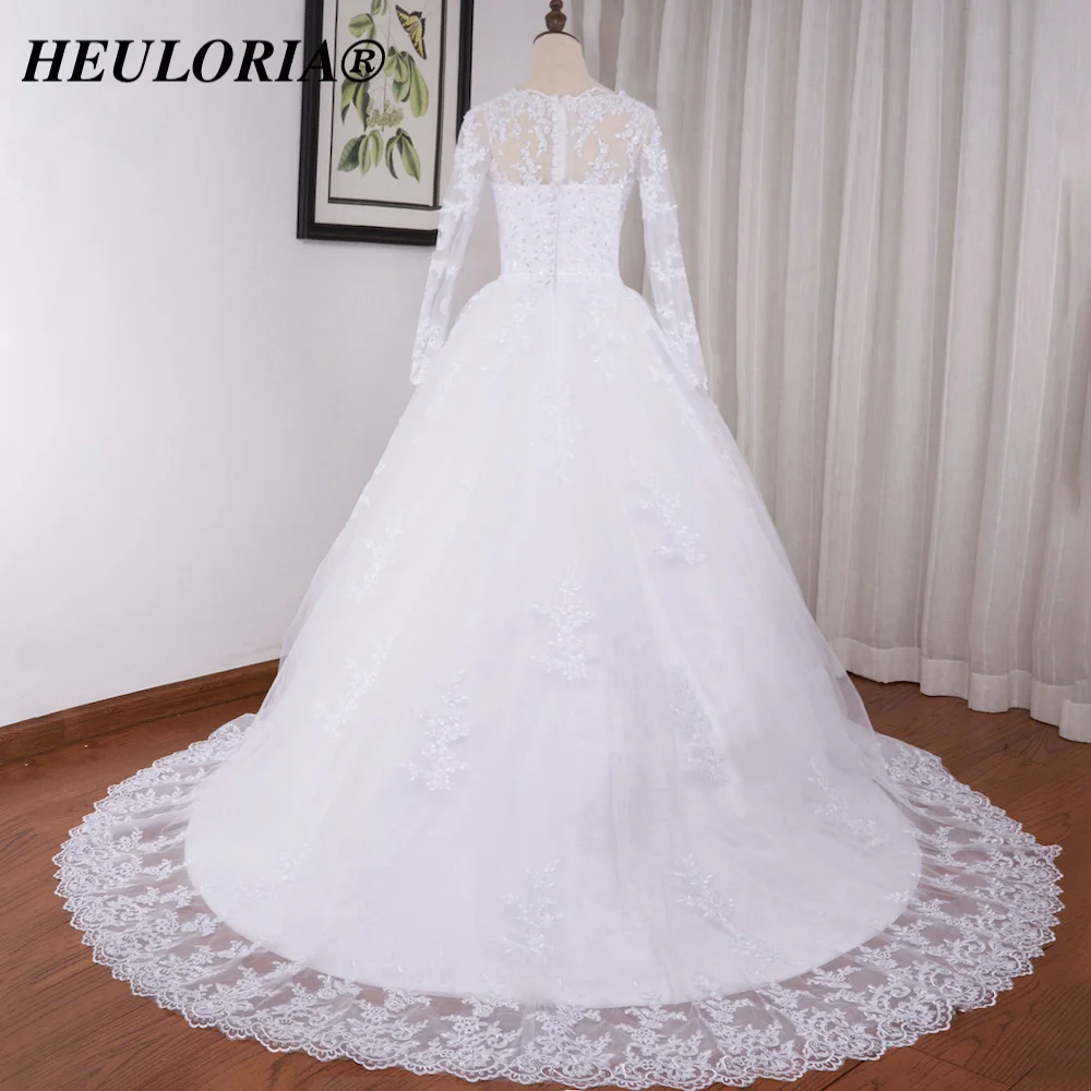 HEULORIA Princess Ball Gown Wedding Dress long sleeve bride dress O neck plus size robe de mariee Lace beading Bridal Gown