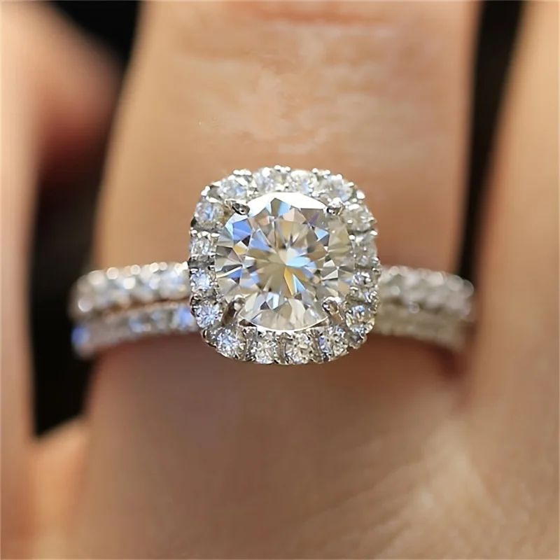 2-teiliges Set, elegante, luxuriöse, quadratische Zirkonia-Ringe, schillernder Liebesring, geeignet für Hochzeit, Paar, Verlobung, Jahrestag, Geschenk