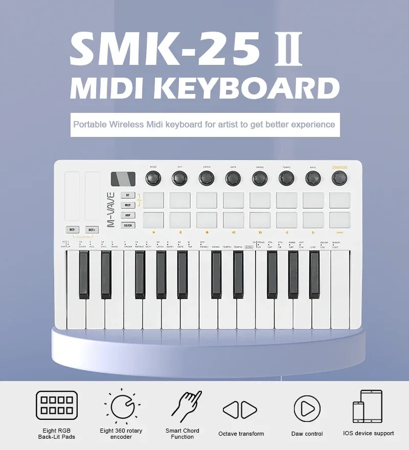 M-VAVE SMK-25 II MIDI Pad Controller Keyboard USB Mini 25 Key 16 RGB Drum Pads 8 Knobs Music Production Software Included