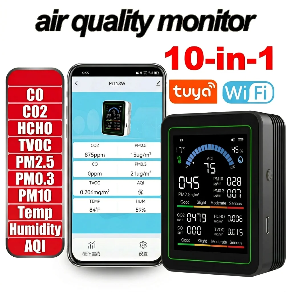 

home Tuya WiFi 10-in-1 Air Quality Monitor CO CO2 Meter PM2.5 PM0.3 PM1.0 Formaldehyde Detector Temperature and Humidity Tester