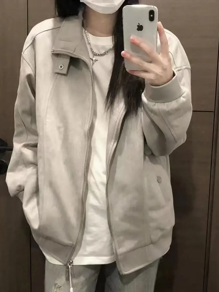 

American Y2K Faux Suede Jacket Women Loose Streetwear Long Sleeve Hip Hop Coat Vintage Harajuku Fall Gothic Bf Pockets Outwear