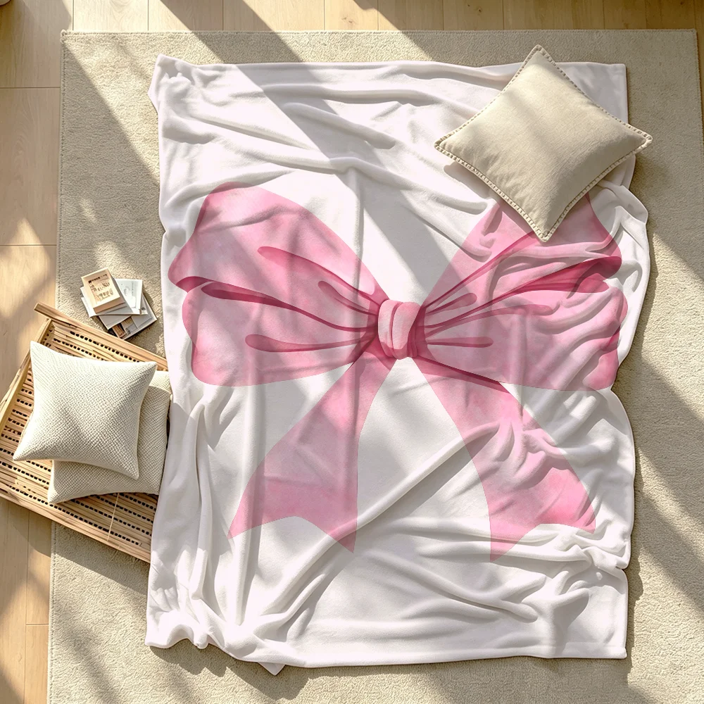 Pink Bow Cute Bowknot Coquette Blanket Soft Warm And Thick Perfect For Bedroom Living Room Bed Sofa Camping Picnic Office Gift