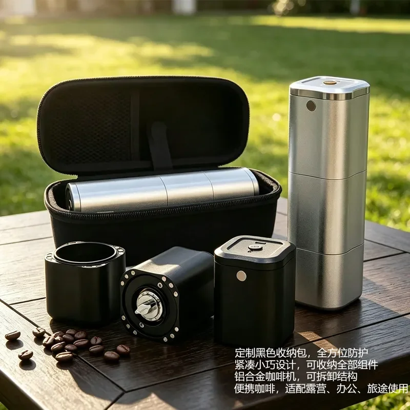 Portable Aluminum Alloy Coffee Maker Set with Detachable Bean Grinder for Camping Office Travel Outdoor Gear Compact Design