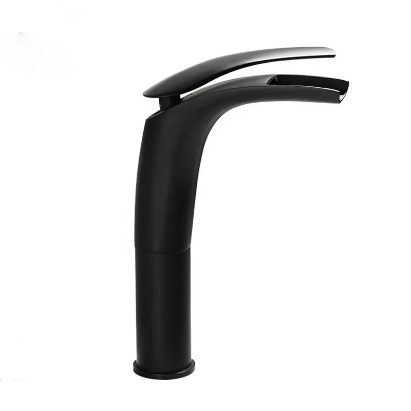 Wholesale Factory Price Brass Matte Black Waterfall Bathroom Sink Faucet Deck Mount Basin Cold Hot Water Tap