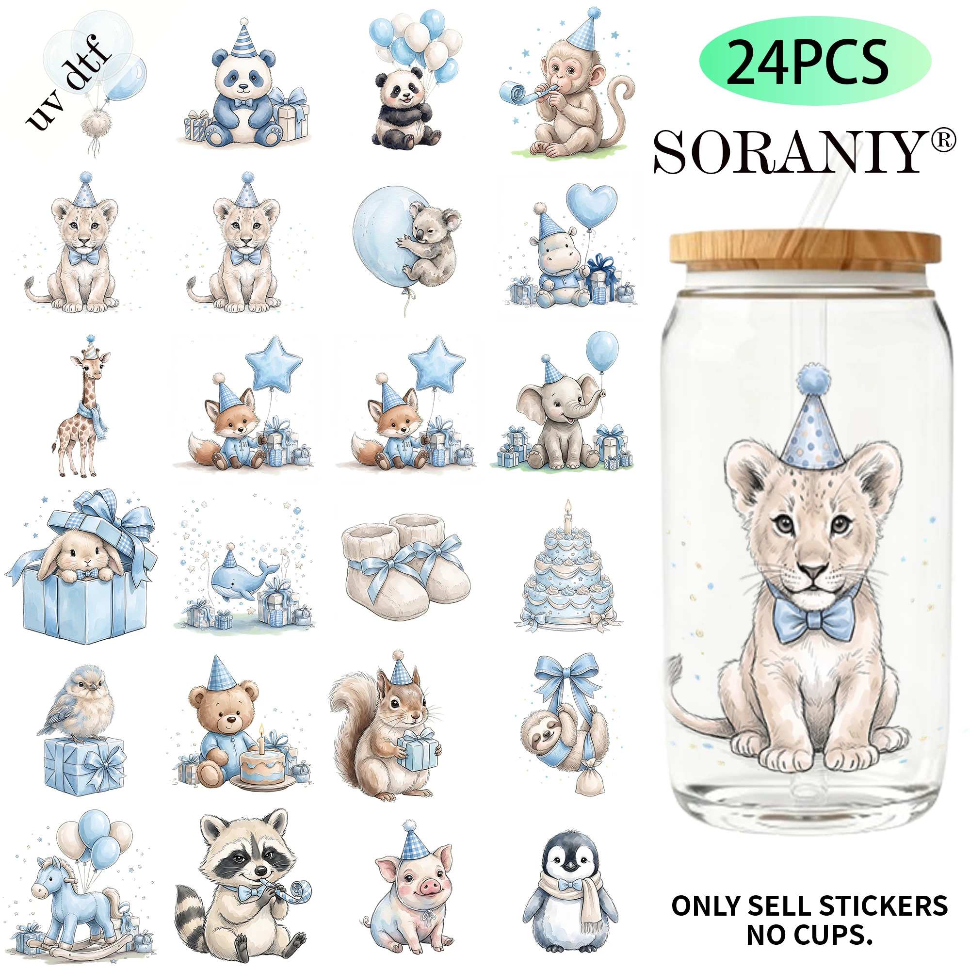 

24PCS/Set Little Boy First Birthday Animal Themed UV DTF 16OZ DIY Transfer Paper Set Used For 16oz Water Bottles