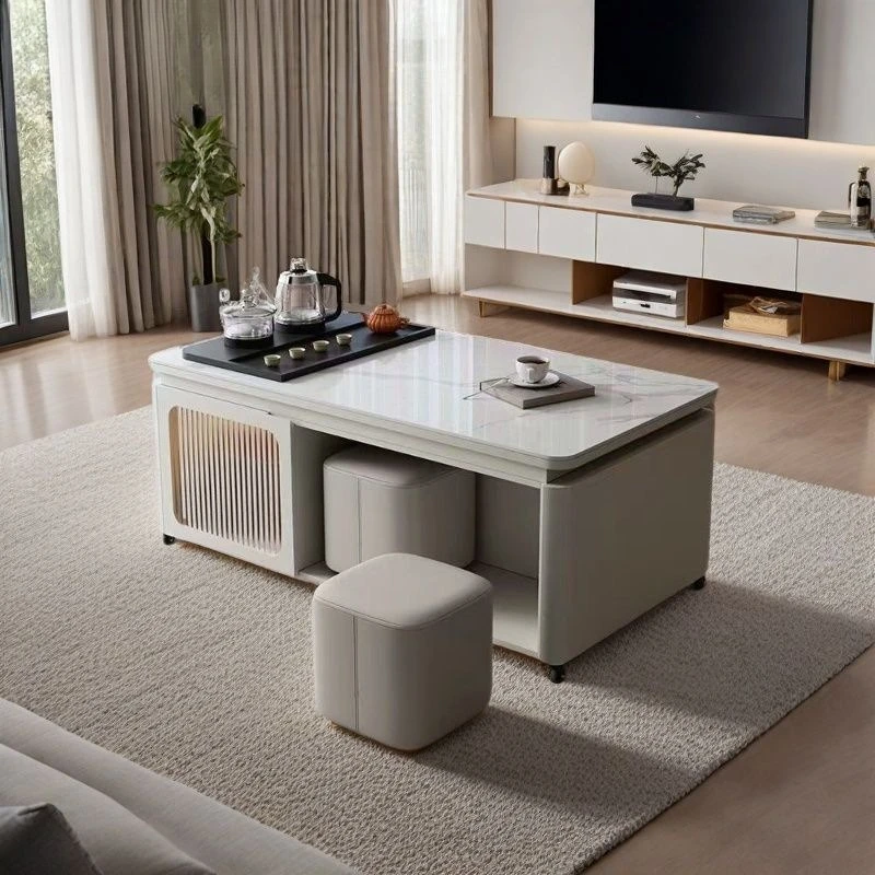 Modern Sintered Stone Multifunctional Kungfu Solid Wood Tea Table, Movable Coffee Table with Brewing Tea Table, Integrated