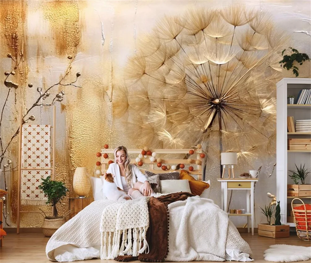 Nordic Hand Drawn Abstract Dandelion 3D Wall Paper Retro Oil Painting Customizable Murals TV Background Decorative Wallcovering