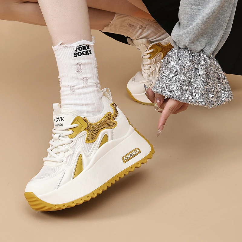 WomenS Rhinestone Decor Platform Sneakers Casual Lace Up Thick Bottom Shoes Multi Colors Comfortable Fashion Footwear For Ladies