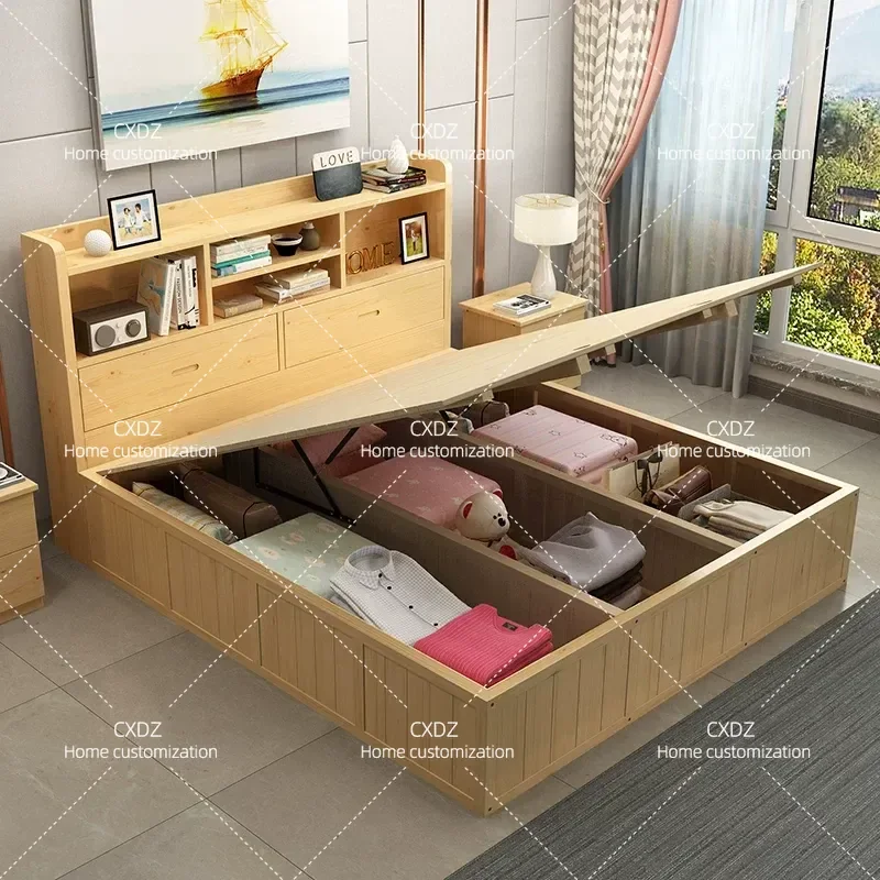 Solid wood 1.8 meters multi-functional high box storage bed 1.5 meters princess bed with bookshelf bedside single double bed