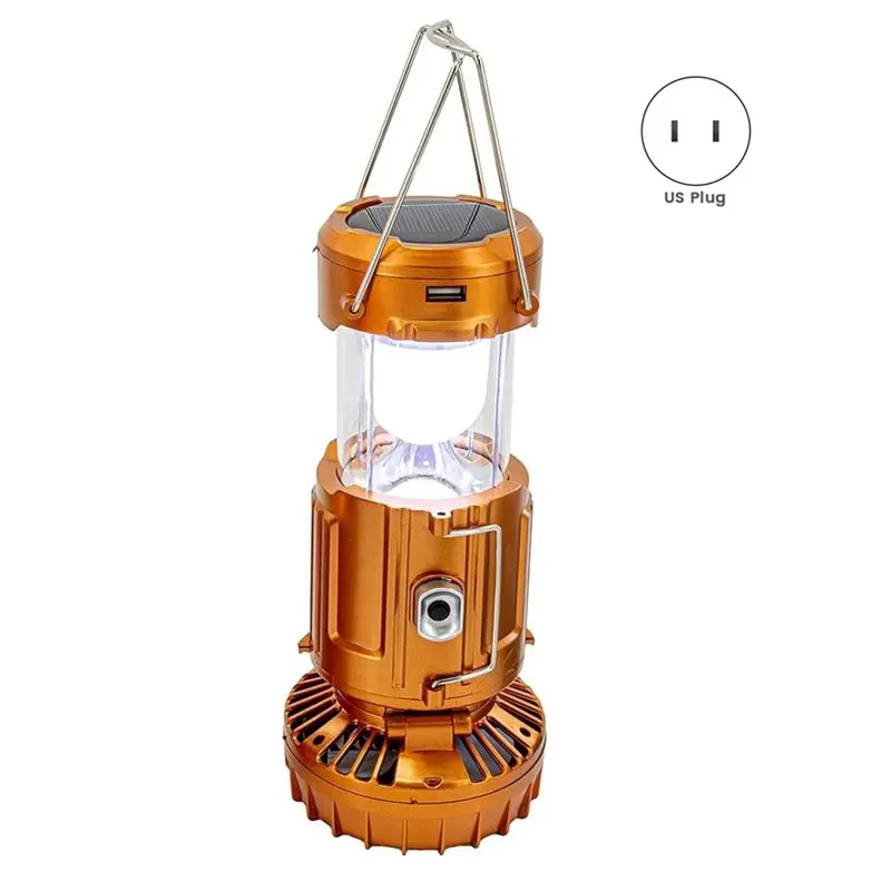 Solar Powered 2-In-1 Camping Lantern Featuring LED Light, Adjustable Fan, And USB Charging Station With US Plug Silver-B61B