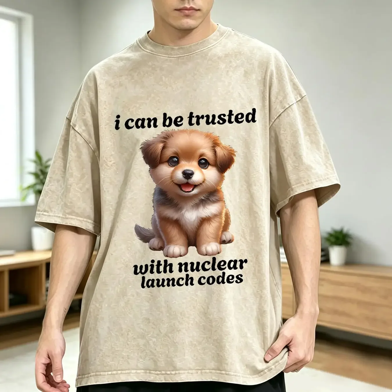 washed T Shirt I Can Be Trusted With Nuclear Launch Codes Funny Dog Meme long or short sleeves vintage Washed Stretched