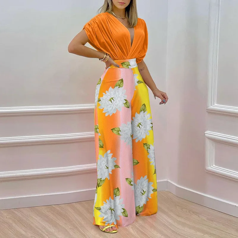 Women's 2024 Summer New Instagram Style V-Neck Printed Wide Leg Pants Fashion Casual Set