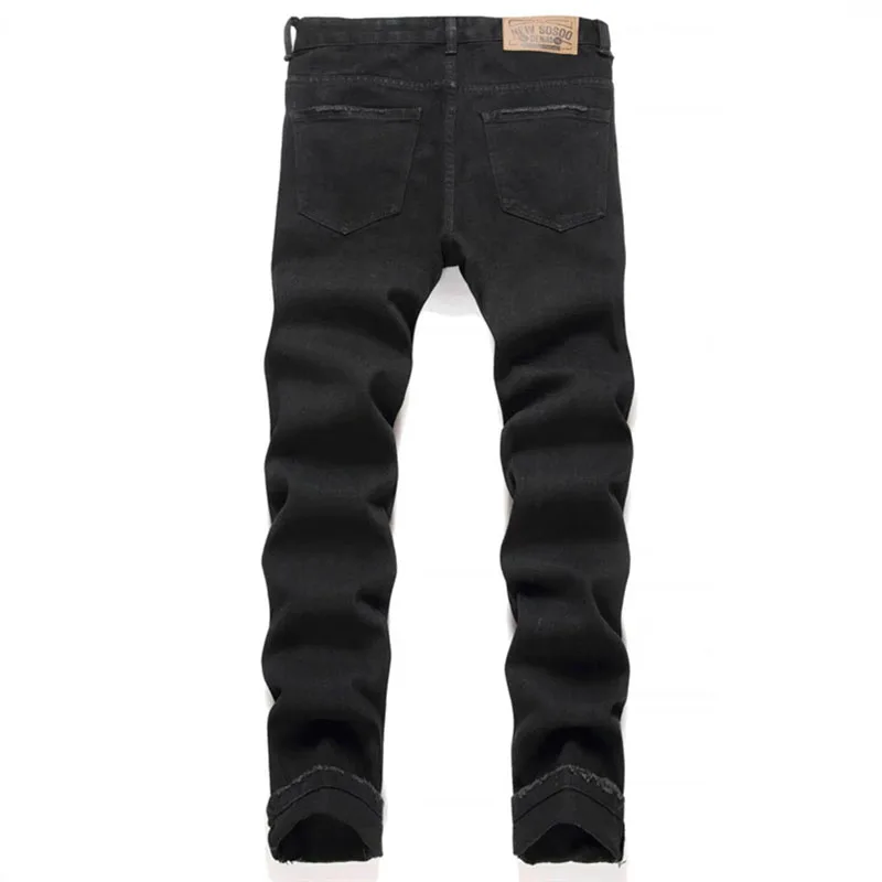 Herfst en winter retro zwarte gescheurde jeans heren broek met rechte pijpen Pentagram patch casual jeansbroek