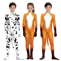 Zawaland Boys Girls Funny Cow Fox Animal Cosplay Costume Children3D Printing Long Sleeve Holiday Party Zipper Disguise Clothes