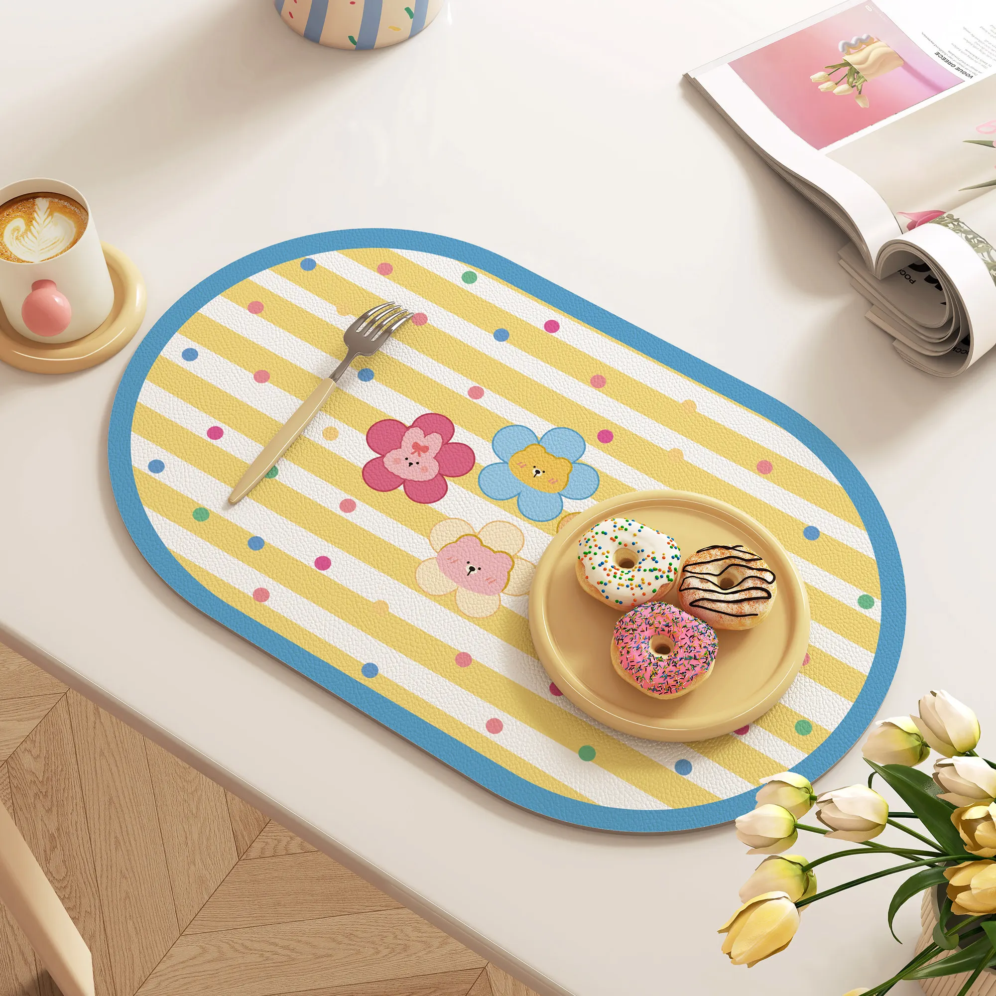 VIKAMA Cute Cat Bunny Oval Placemat Blue Stripe Colorful Dot Waterproof Heat Resistant Dining Table Decor Floor Mat Pad