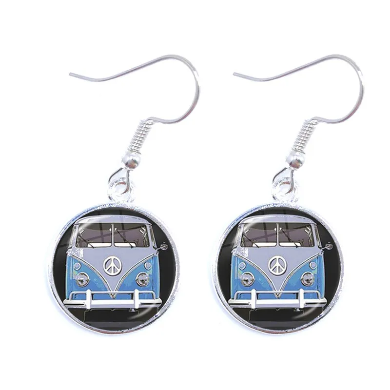 

Vintage Blue-Red-Yellow Hippie Peace Van Bus Photo Drop Earrings Retro Beach Bus Car Collectors Bus Peace Sign Jewelry For Women