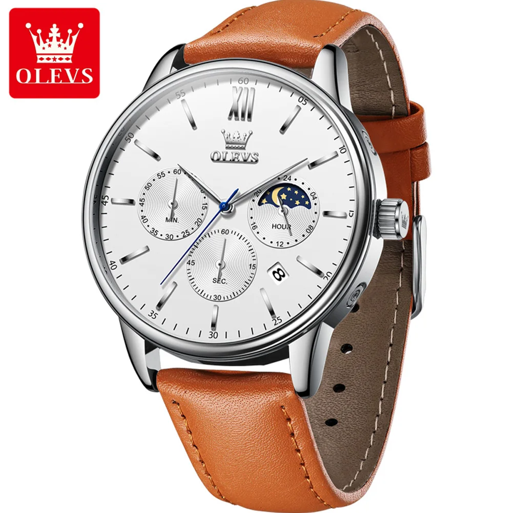 Olevs 2024 neue Herren Quarzuhren Luxus Leder armband wasserdicht Chronograph Mondphase Mann Uhr Mode Sport uhr für Herren