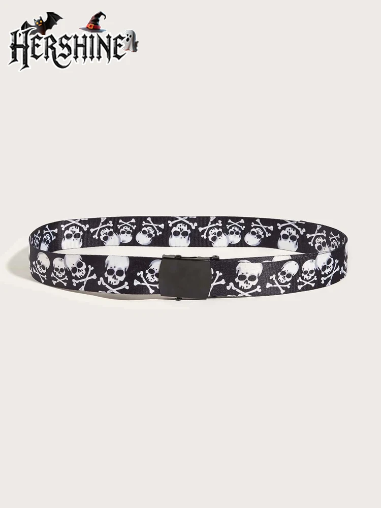 HERSHINE 1 قطعة حزام شريطي مطبوع على شكل جمجمة الهالوين نمط محايد للجنسين Y2K نمط داكن إكسسوارات الهالوين على طراز فاسق