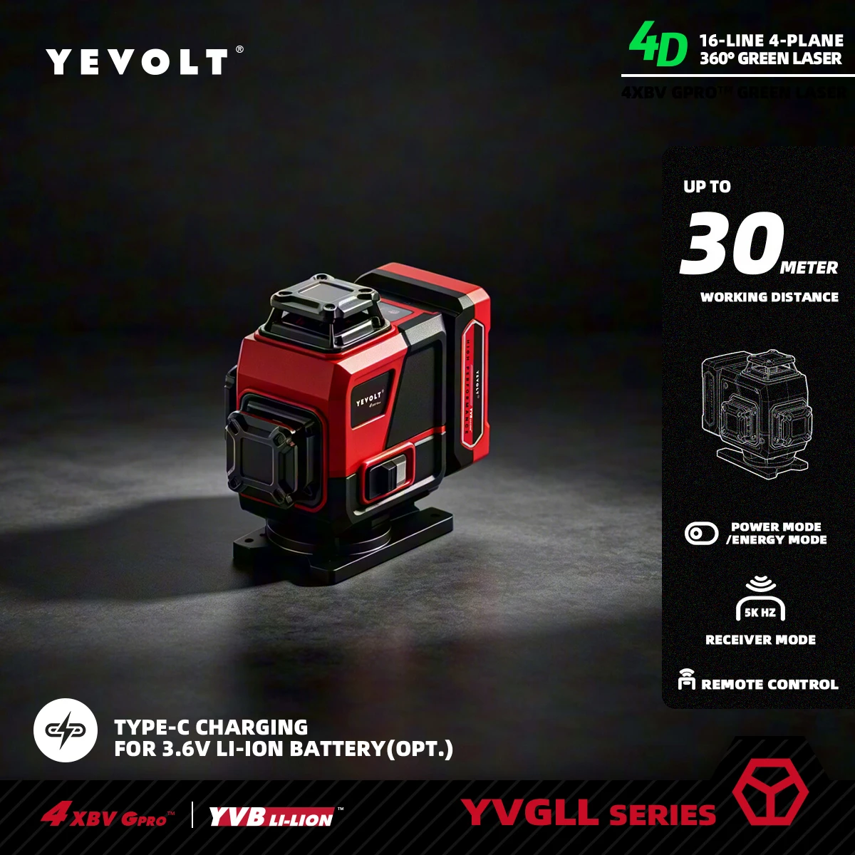 YEVOLT 4D 16-Linien Grüner Laser-Nivellierer 360° Horizontal und Vertikal für Heimwerker, Deckenverkleidung, Wandfliesen, Schrankmontage