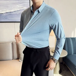 High Elasticity Traceless Pinstripe Shirts For Men Formal Business Slim Fit Casual Long Sleeve Quick Drying Social Shirt 4XL-M