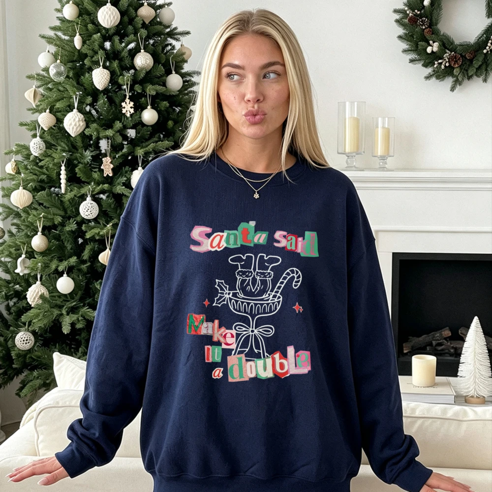 Santa Said Make It A Double Cocktail Glass Santa Boots Candy Cane Print Pullover Funny Xmas Holiday Graphic Casual Unisex Tops