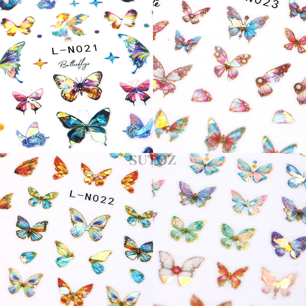 3D Holographic Butterfly Nail Stickers Pink Blue Butterflies Nail Decals Shiny Laser Foils Flowers Stars Manicure Sliders LEBL-N