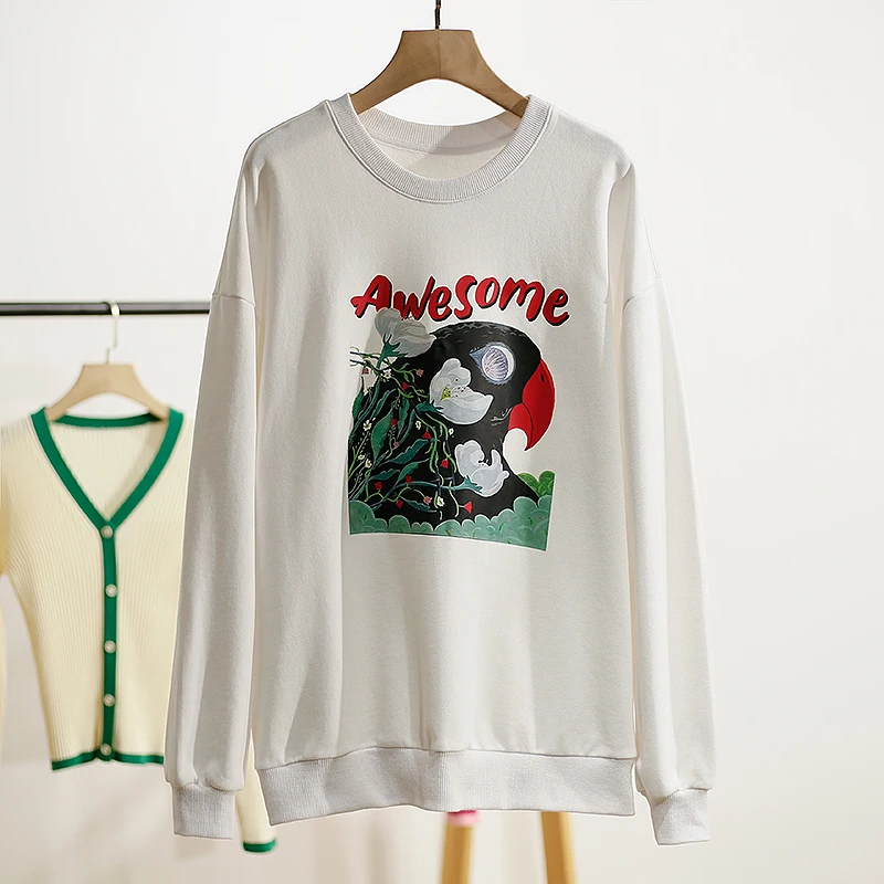 

XKing Pure Cotton round Ne Printed Sweatirt Spring 2026 New Women's Loose Fit Long Sve Comfortable Casual Hoodie