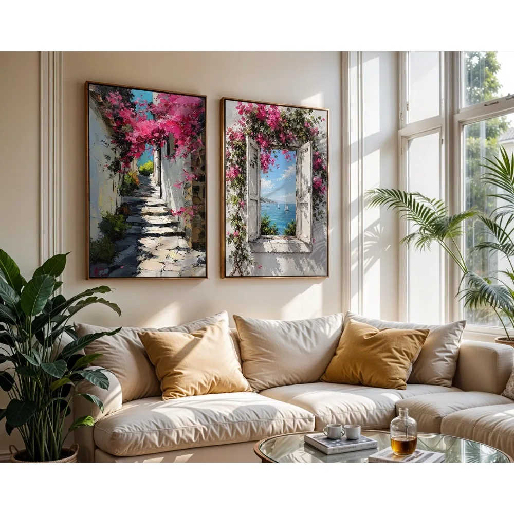 2PCS Large-sized frameless canvas paintings,2pcs Frameless,Mediterranean Coast Wall Art Collection,Pink Poster,Italian Poster,Bo