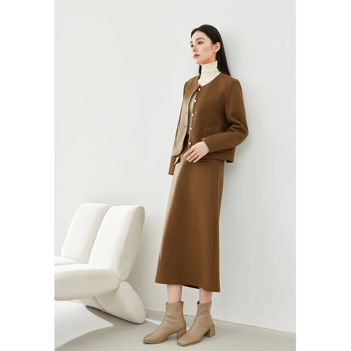 VIMLY أنيقة الصوف مزيج تنورة مجموعة س الرقبة مبطن الستر مرونة الخصر سبليت ميدي التنانير 2025 الشتاء مجموعات المرأة 2 قطعة 16260