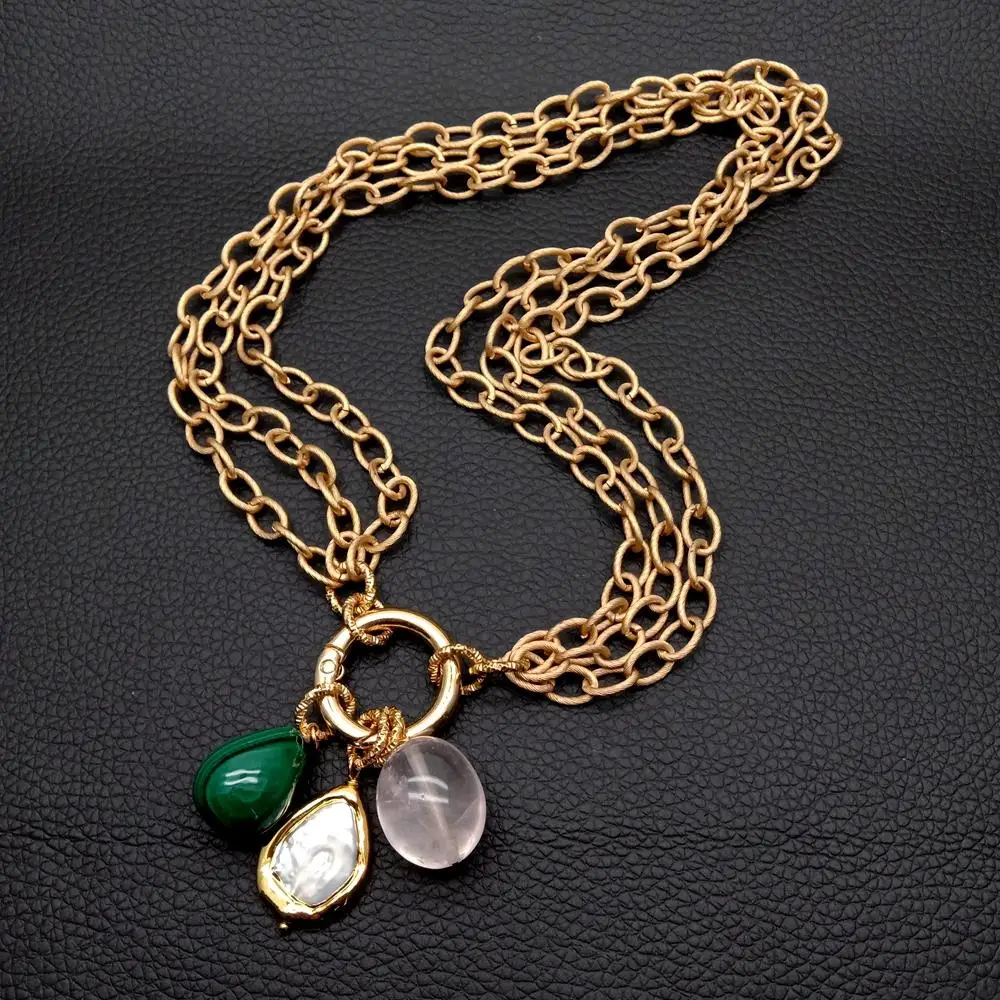 Y·YING Natural Malachite Rose Quartz Cultured Pearl Gold Plated Chain Chokers Necklaces Minimalist Women Jewelry