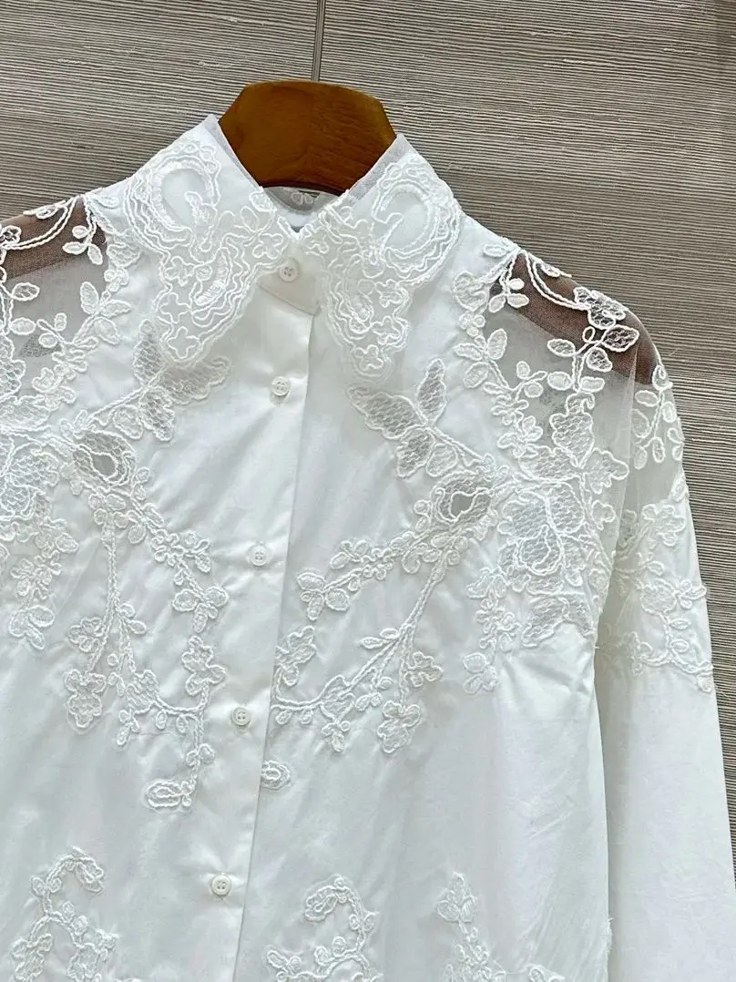 Women White Cotton Shirt Autumn Lace Embroidery Patchwork Turn-down Collar Single Breasted Long Sleeve Elegant Ladies Blouse